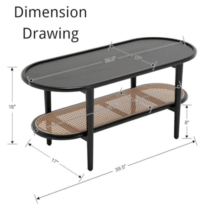 Modern Rattan Coffee Table,Black Wood Coffee Table with Storage Shelf for Living Room, 2-Tier Center Table 39.5 Oval Entryway Table Side Table Nightstand for Bedroom Office Small Space Cafe - color: Black