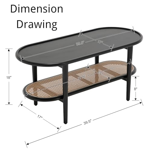 Modern Rattan Coffee Table,Black Wood Coffee Table with Storage Shelf for Living Room, 2-Tier Center Table 39.5 Oval Entryway Table Side Table Nightstand for Bedroom Office Small Space Cafe - color: Black