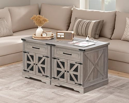 Farmhouse End Table with Charging Station, 24" Large Sofa Side Table with Drawer, Large End Table for Living Room, Wooden Nightstand with Outlet, Square, Greige - color: Greige