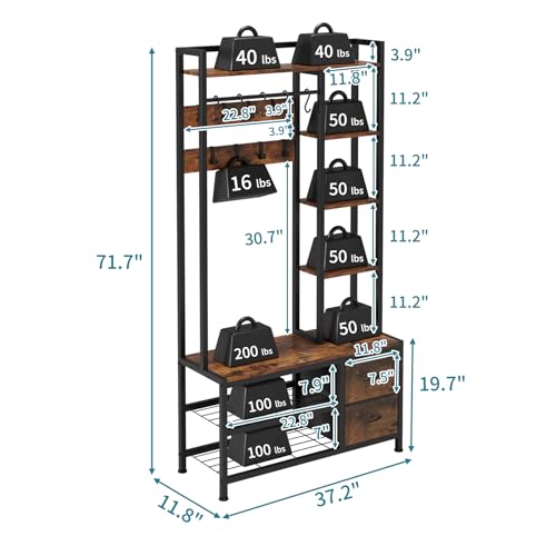 LUMTOK Hall Tree with Bench & Shoes Storage,Entryway Coat Rack with Drawers | 6 in 1 Hall tree with drawers,shelves,hooks & hanging bar,Entryway organizer storage for living room,hallway,entryway closet