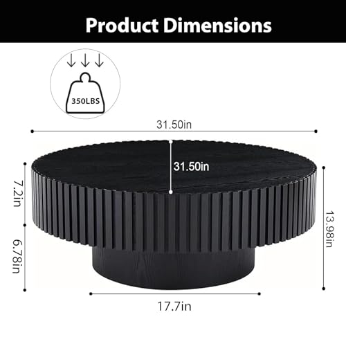 Round Fluted Drum Coffee Table with Pedestal Base | 31.5'' Modern Black Wooden Drum Center Table, Handcrafted Solid Wood Fluted Edge, For Living Room & Apartment - color: Round Black