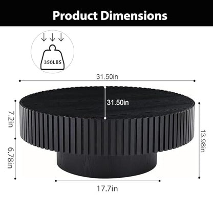 Round Fluted Drum Coffee Table with Pedestal Base | 31.5'' Modern Black Wooden Drum Center Table, Handcrafted Solid Wood Fluted Edge, For Living Room & Apartment - color: Round Black