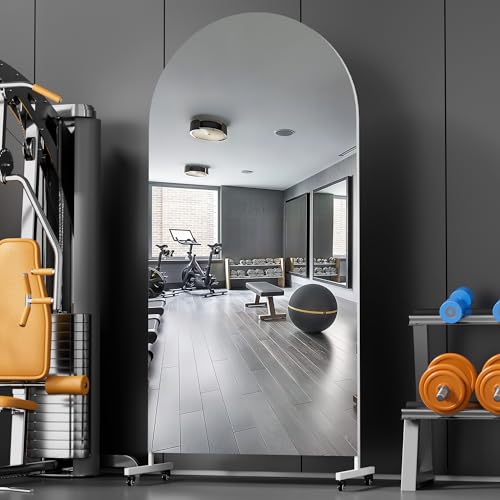 Hasipu 71" x 32" Arched Full Length Mirror on Wheels | HD tempered glass, sturdy aluminum frame, 4 smooth casters with locks, ideal for yoga, dance studio, bedroom & home gym. - size: 70.87"L x 31.5"W