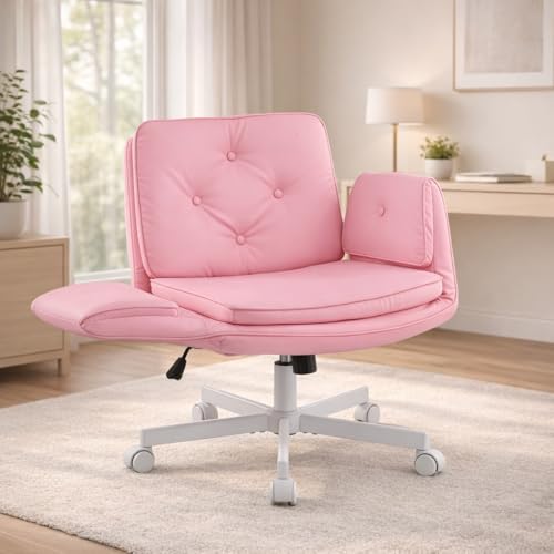 MOJAY Velvet Office Swivel Chair, Vanity Chair, Fabric Desk Chair, Pretty Fancy Chair, Gold Office Chair for Girls, 360°Swivel Height Adjustable Reception Chair (Pink PU) - color: Pink Pu