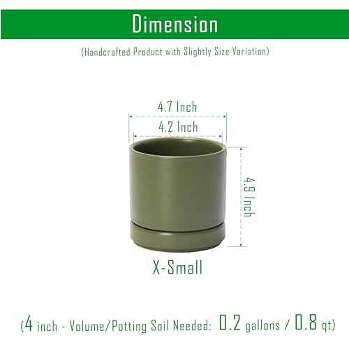D'vine Dev 2-Pack Ceramic Pots with Saucers, Olive, 4.7 in, 94-V-B-J | Modern Cylinder Design, Glazed Ceramic, Drainage Hole & Saucer Included, High Temperature Fired, Elegant Home Accent - color: Olive, size: 4.7 Inch