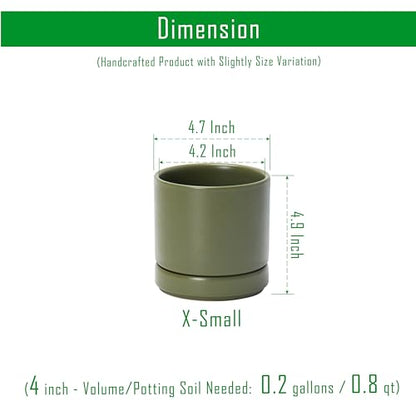 D'vine Dev 2-Pack Ceramic Pots with Saucers, Olive, 4.7 in, 94-V-B-J | Modern Cylinder Design, Glazed Ceramic, Drainage Hole & Saucer Included, High Temperature Fired, Elegant Home Accent - color: Olive, size: 4.7 Inch