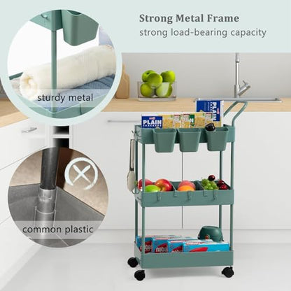 Storage Cart on Wheels, 3 Tier Bathroom Cart Organizer Slim Laundry Narrow Shelf with Wheels Dividers Hanging Cups Hooks Handle Easy Assembly, Green - style: 3 Tier Green