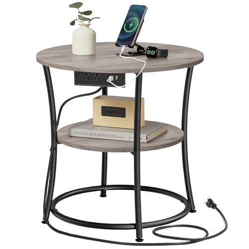 VASAGLE 21.7-Inch Round Side Table, 2-Tier End Table | Nightstand with Steel Frame, Spacious Top, for Small Spaces, Living Room, Bedroom, Heather Greige and Ink Black ULET077L01 - color: Heather Greige + Ink Black, style: With Power Strip