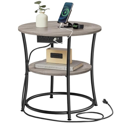 VASAGLE 21.7-Inch Round Side Table, 2-Tier End Table | Nightstand with Steel Frame, Spacious Top, for Small Spaces, Living Room, Bedroom, Heather Greige and Ink Black ULET077L01 - color: Heather Greige + Ink Black, style: With Power Strip