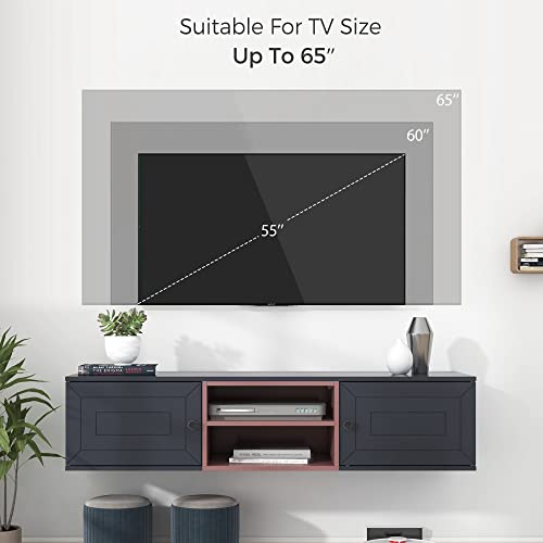 YardGo Floating TV Stand for TVs up to 65", Wall Mounted TV Cabinet with 2 Magnetic Doors & 2 Adjustable Shelves, 53'' Modern Entertainment Center Media Console for Living Room, Bedroom, Black
