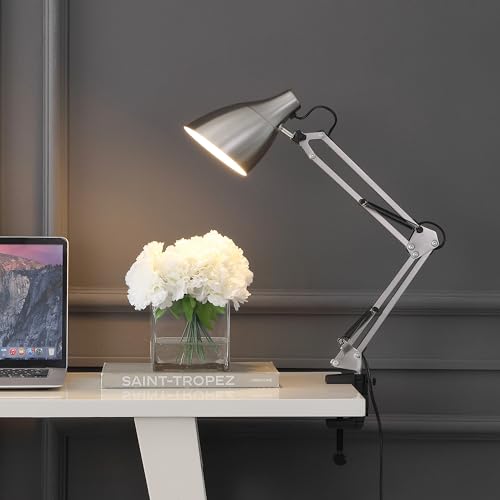 JONATHAN Y Odile 28.5" Metal Adjustable Clamp-On Task Lamp, Nickel | Industrial Articulated Swing Arm Architect Design, Vintage Shade, In-Line Switch, Studio Work, LED Bulb Included - color: Nickel