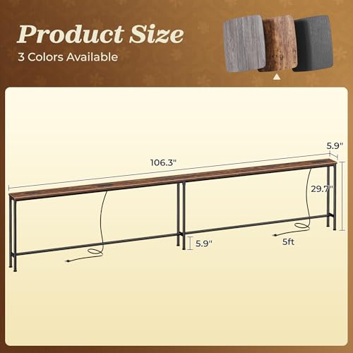SUPERJARE 106.3 Inch Sofa Table with 2 Power Outlets and USB-C Ports | 5.9 Inch Narrow Console Table, Long Entryway Hallway Couch Table Behind Sofa, Small Spaces, Living Room, Rustic Brown - color: Rustic Brown, size: 5.9"D x 106.3"W x 29.7"H