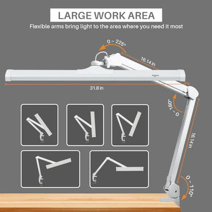32-Inch LED Architect Desk Lamp with Clamp, 50W 4500LM, White | 342 SMD LEDs with reinforced dual metal arms deliver eye-caring lighting and 5 brightness levels for drafting and reading
