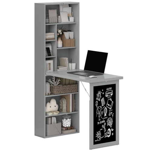 Foldable Wall Mounted Desk with Storage Shelves & Blackboard, Fold-Out Convertible Writing Table for Small Spaces | Space-Saving Floating Computer Desk for Home Office (Grey) - color: Grey