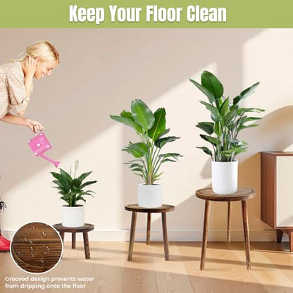 3-Pack Wood Plant Stands Indoor for 6-12 Inch Pots | Multiple Mid-Century Modern Stool, Tall Corner Planter Table for Living Room, Balcony & Office