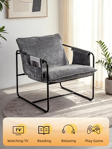 Modern Accent Chair Comfortable Living Room Chairs with Armrests, Lounge Chair with Metal Frame Chenille Upholstered Bedroom Reading Chair - color: Grey