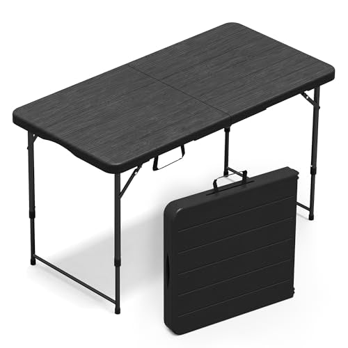 VSOAEIL 4 FT Folding Table,Small Plastic Foldable Table Adjustable Height | 4 Feet Portable Heavy Duty Utility Folding Table with Handle for Picnic Party Dining Camping Indoor Outdoor,Black - 4 Foot - color: Black, size: 4 FT - 1 PACK