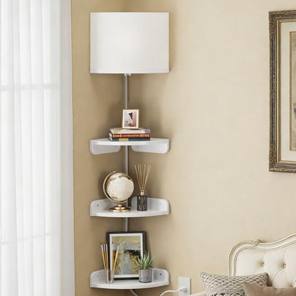 YAOHUOO Corner Shelf Wall Mounted with Light, Set of 3, White | Corner Floating Shelves, Cord Hole for Cable Box, Round End, For Bedroom, Living Room and Kitchen