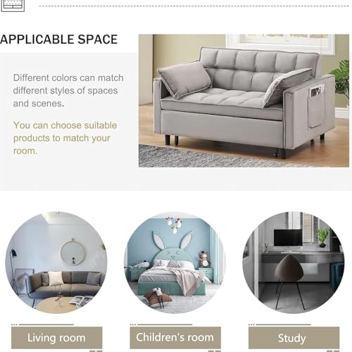3 in 1 Convertible Sleeper Sofa Bed, Velvet Loveseat Futon Pull-Out Couch with Adjustable Reclining Backrest, Side Pockets and Pillows for Living Room, Bedroom, Apartment, Small Spaces (Gray-Velvet) - color: Gray-velvet