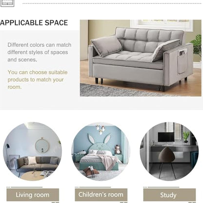 3 in 1 Convertible Sleeper Sofa Bed, Velvet Loveseat Futon Pull-Out Couch with Adjustable Reclining Backrest, Side Pockets and Pillows for Living Room, Bedroom, Apartment, Small Spaces (Gray-Velvet) - color: Gray-velvet