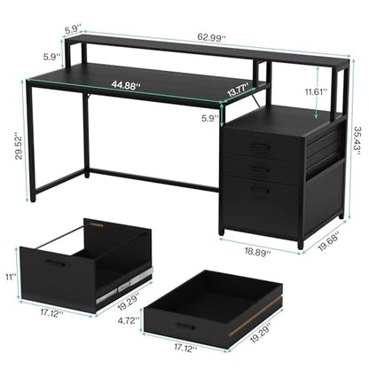 Tribesigns 63 Inch Computer Desk with File Drawer Cabinet, Home Office Desk | Ergonomic Office Desk with Monitor Stand, Industrial Computer Table with Printer Space, PC Table Workstation Desk, Black - color: Black