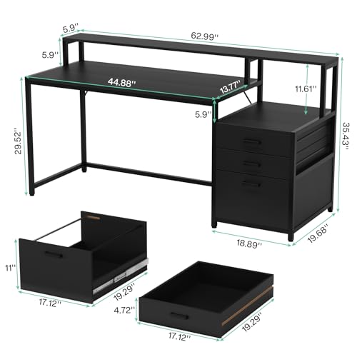 Tribesigns 63 Inch Computer Desk with File Drawer Cabinet, Home Office Desk | Ergonomic Office Desk with Monitor Stand, Industrial Computer Table with Printer Space, PC Table Workstation Desk, Black - color: Black