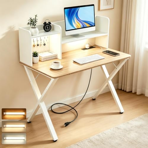 Lightdot 44"×24" White Computer Desk with Motion Sensor Light, Home Office Gaming Desk with Charging Station Pegboard, Modern Study Desk for Work Bedroom Game Kids Room Living Room - color: White/Natural