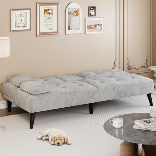 64" Futon Sofa Bed, Convertible Loveseat with 2 Cup Holders, Small Couch with 3 Adjustable Angles & Removable Armrest, Light Grey - color: Light Grey
