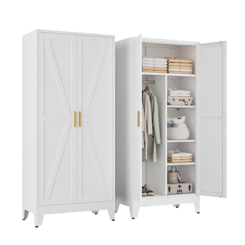 71" Tall Metal Armoire Wardrobe Closet with Hanging Rod and 3 Adjustable Shelves,White Storage Cabinet,Steel Wardrobe for Bedroom Garage Laundry Room Office Apartment Amployees,6 Tier 1 Pack - color: White, size: 17.7"D x 31.5"W x 71"H-1