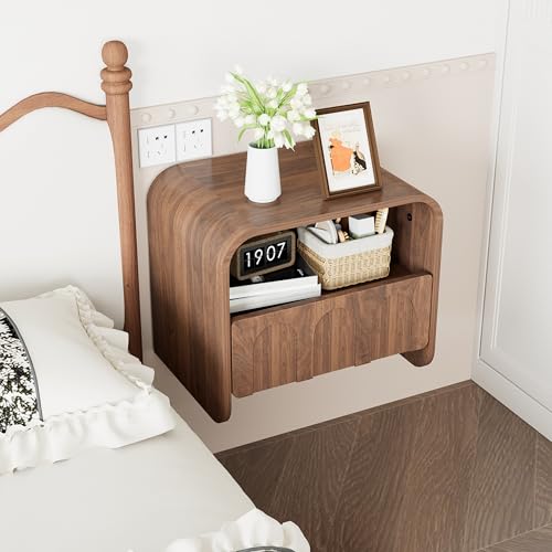 Floating Nightstand Set of 2, Wall Mounted Nightstand with Drawer | Bedside Table, Small Night Stand, with Open Storage Shelf, for Bedroom, Modern, Walnut