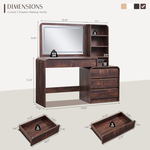 Aitjunz Vanity Desk with Mirror and Lights, 50” Modren Makeup Vanity with 35.43" Mirror and 5 Drawers, Makeup Table with Charging Station for Women and Girls, Bedroom (Brown) - color: Brown