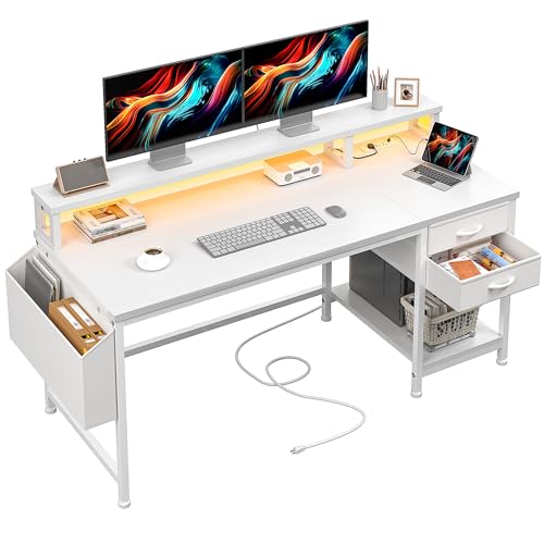 DurayLoly 48" Computer Desk with 2 Drawers and Power Outlets for Teens | 32.8ft Full-Color LED Strip Lights,Wireless Remote,20Dynamic&20 Lighting Modes, 36"Spacious Seat Width, 48"Long Monitor Stand - color: White, size: 48"W*20"D*35.5"H