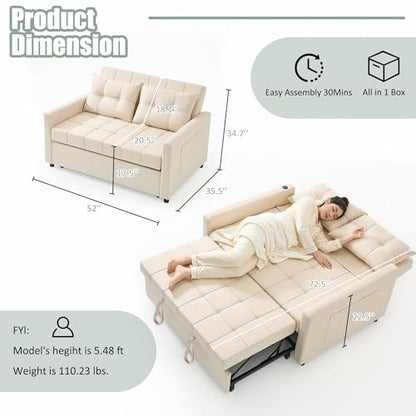 GOSUHI 52" 3-in-1 Convertible Sleeper Sofa Bed, Linen, Beige | Pull-Out Bed, Stepless Adjustable Backrest, Side Pocket, Compact Loveseat, Living Room, Dorm & Apartment - color: Beige