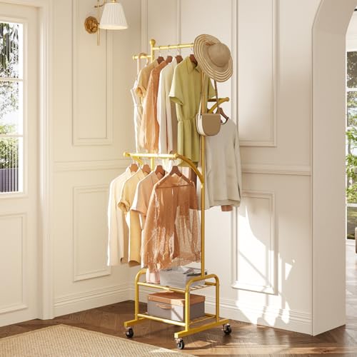 Rolling Clothes Rack with 2 Shelves, Small Gold Clothing Rack with Wheels | Gasvadivum 71" Tall Sturdy Metal Garment Rack with 3 Hanging Rods, Freestanding Portable Coat Rack for Bedroom, Entryway - color: Gold