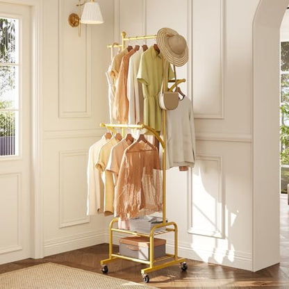 Rolling Clothes Rack with 2 Shelves, Small Gold Clothing Rack with Wheels | Gasvadivum 71" Tall Sturdy Metal Garment Rack with 3 Hanging Rods, Freestanding Portable Coat Rack for Bedroom, Entryway - color: Gold