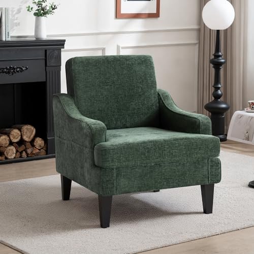 Accent Chair for Living Room,Mid-Century Arm Chair Chenille Fabric Living Room Chairs,Upholstered Reading Chair for Bedroom,Single Sofa Chair with Wood Legs for Apartment (Green) - color: Green