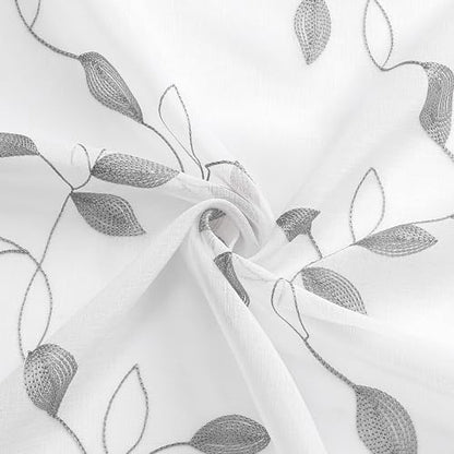 Tollpiz Grey Leaf Sheer Tier Curtain Kitchen 30 x 36 Inches | Leaves Embroidered Curtains Rod Pocket Voile Bathroom Window Treatment for Cafe, Set of 2 Panels - color: Grey, size: 30"W x 36"L (Pack of 2)