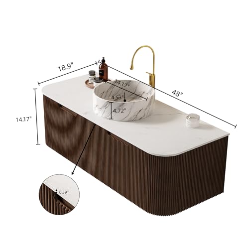 48” Floating Bathroom Vanity with Sink, Fluted Wall-Mounted Solid Wood Cabinet, White Marble-Pattern Ceramic Basin, Faux Marble Top, Soft-Close Drawer, Pre-Assembled, Walnut Woodgrain - color: 03 - Walnut Woodgrain, size: 48"