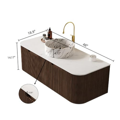 48” Floating Bathroom Vanity with Sink, Fluted Wall-Mounted Solid Wood Cabinet, White Marble-Pattern Ceramic Basin, Faux Marble Top, Soft-Close Drawer, Pre-Assembled, Walnut Woodgrain - color: 03 - Walnut Woodgrain, size: 48"