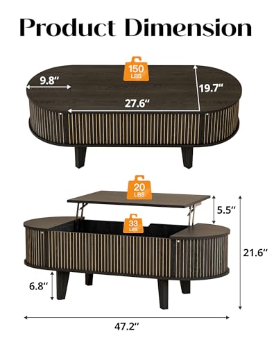 Oval Lift Top Coffee Table with Storage, Fluted 47" Wood Mid Century Modern Coffee Table for Living Room, Black - color: Black-oval (Flip Top)