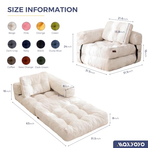 MAXYOYO Folding Sofa Bed, Convertible Chair Bed with Pillow | L-Shaped Floor Sofa with Armrest and Pillow, Foldable Portable Fold Out Comfy Chair Bed for Living Room Bedroom, Beige - color: Beige