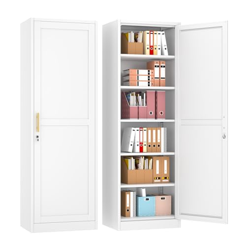 pozdeg 67" White Lockable Metal Storage Cabinet | Narrow File Unit with 5 Adjustable Shelves, Freestanding Steel Locker for Office, Home, School, Garage & Gym - color: White - B, size: 15.8"D x 19.7"W x 67"H