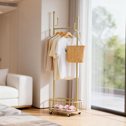 Free Standing Rolling Clothes Rack with Wheels Coat Rack - Golden | Small Narrow Cloth Hanger Metal Garment Racks for Bedroom Livingroom Lab Dress Shirts Rack with Storage Shelves - color: Gold