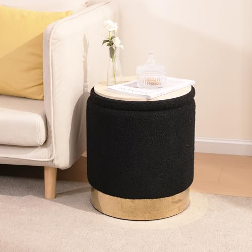 Round Ottoman with Storage Set of 2, Black Sherpa Vanity Stool | Upholstered,Small Ottoman Coffee Table,Removable Lid,Foot Stool for Living Room,Bedroom,Assembly Free, Gold and Black - color: Sherpa Black