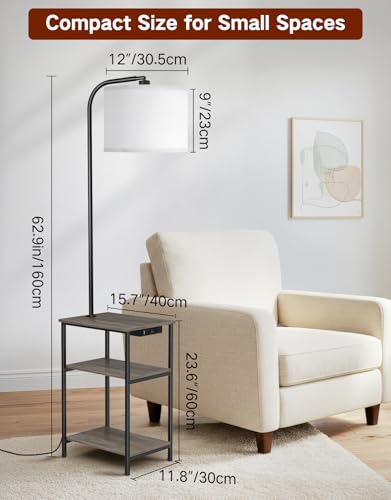 Floor Lamp with Table & Remote, Side End Table with Charging Station, Dimmable Nightstand with 3 Color Temperatures, 1-Hour Timer, 12W LED Bulb, for Living Room, Bedroom(Grey) - color: Gray