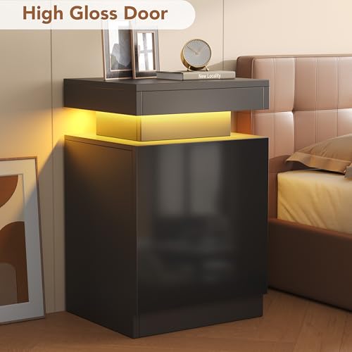 LED Nightstands Set of 2, 17 Inches Night Stand Set 2, Modern Bedside Table with LED Lights, High Gloss Surface, End Table with Storage for Bedroom, Black - color: Black-17"