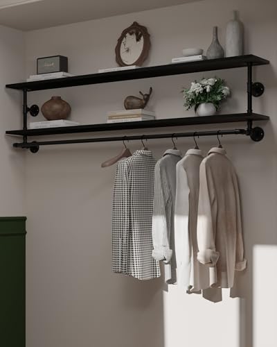 Black Clothes Rack 70in, 2-Tier Wall Mounted Garment Rack with Real Wood Shelf, Heavy Duty Hanging Clothes Rack, Multi-Purpose Hanging Rod, Space-Saving Closet Storage - color: Black, size: 2T70IN