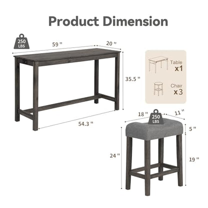59" Counter Height Bar Table Set with Power Outlet, Industrial Breakfast Table with 3 Padded Stools, 4 Piece Bar Table and Chairs Set for Living Room, Dining Room, Dark Gray - color: R1-dark Gray