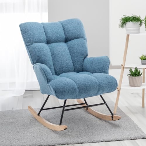Rocking Chair Nursery Teddy Upholstered Glider Rocker Rocking Accent Chair Padded Seat with High Backrest Armchair Comfy Side Chair for Living Room Bedroom Offices (LightBlue Teddy) - color: Paleblue