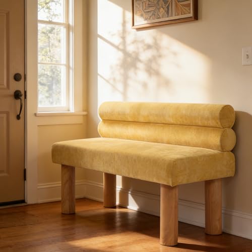 GDFStudio Upholstered Boucle Dining Bench with Backrest Farmhouse Entryway Bench with Rubber Wood Legs Long Indoor Bench for Bedroom Living Room End of Bed Dining Room Seating, Yellow - color: Yellow